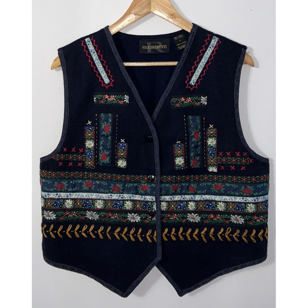 VTG Women's Requirements Wool‎ Blend Vest Folk Art Floral Cottagecore Large EC